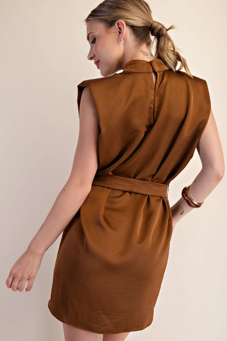 Copper Mock Neck Satin Mini with Shoulder Pads