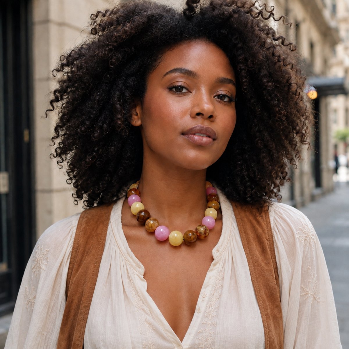 A woman is shown from the chest up outdoors, wearing a chunky beaded necklace with pink, yellow, brown, and white beads, a cream blouse, and a brown vest. The background shows a softly blurred city street.
