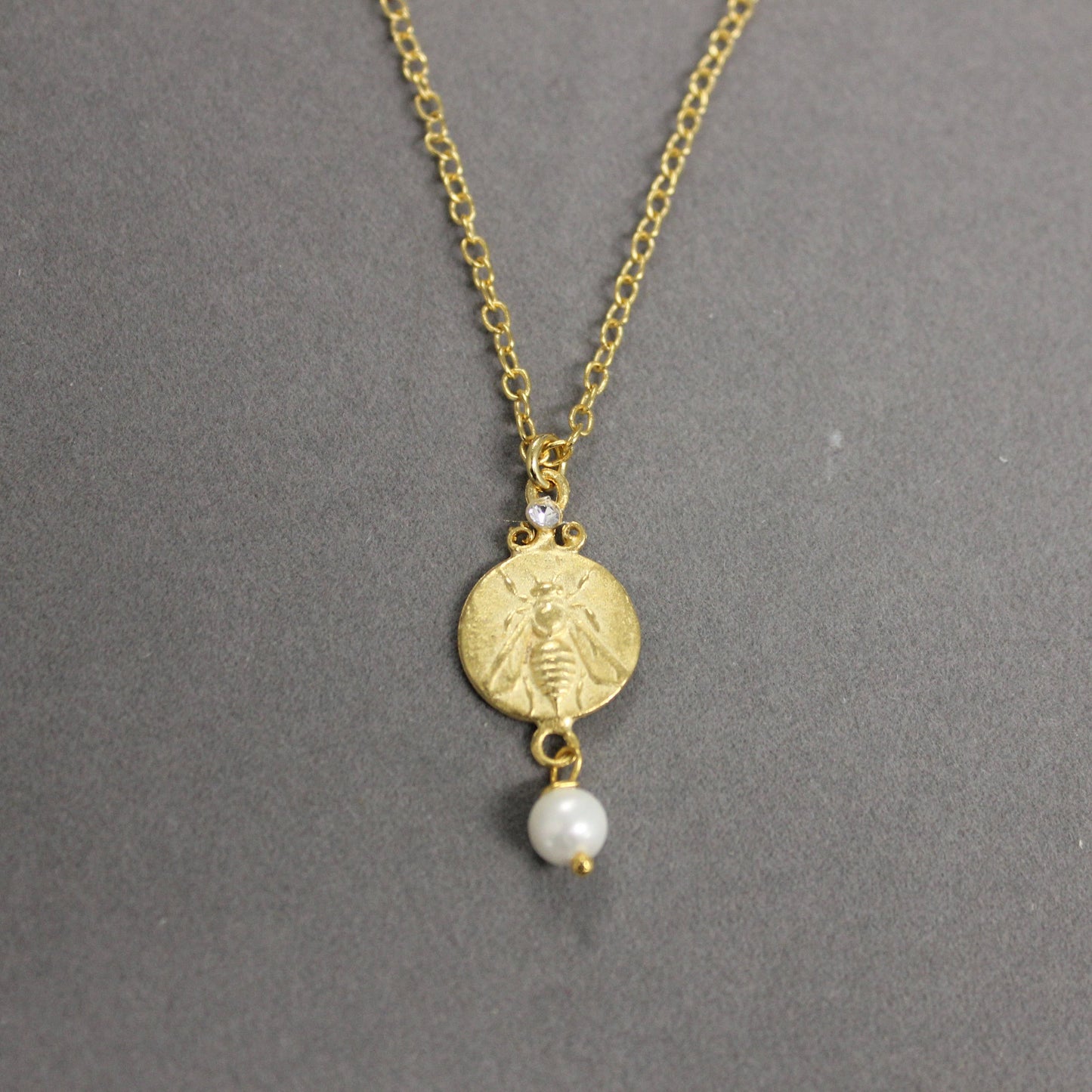 Circle Coin Bee Necklace w/ Pearl Drop