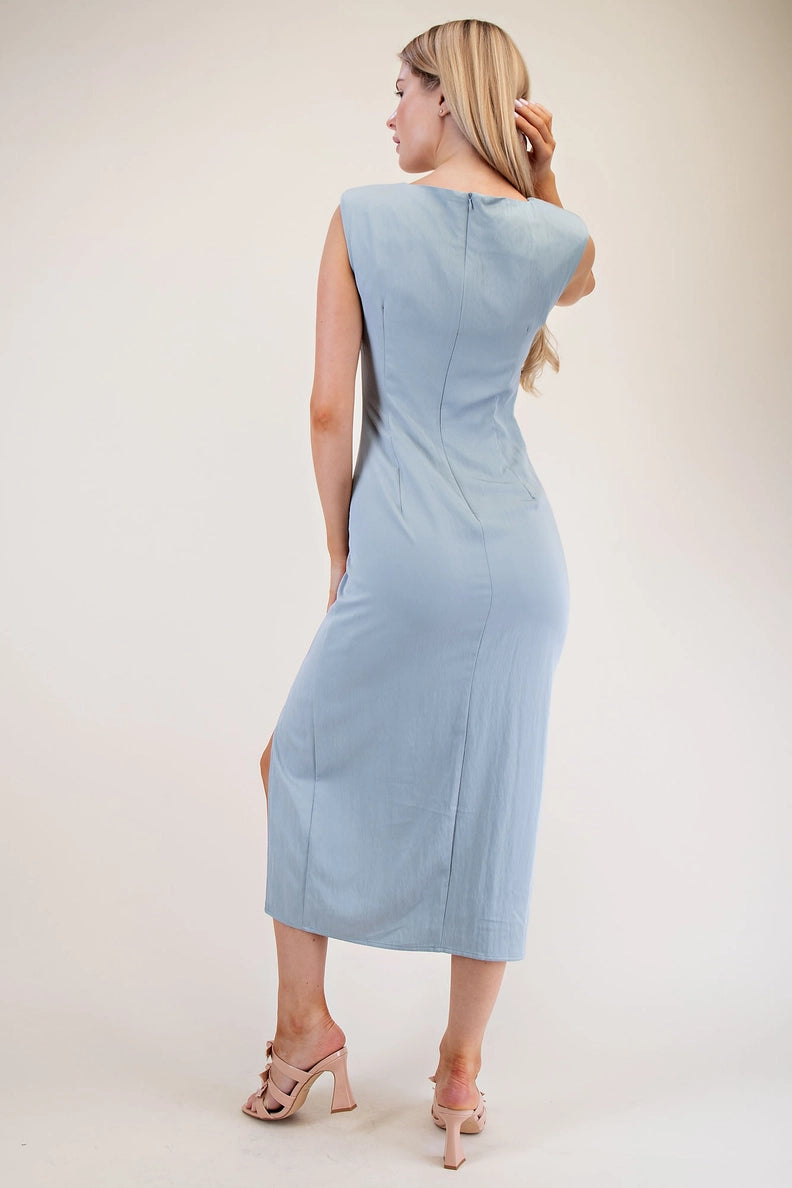 Blue Pleated Waist Midi Dress