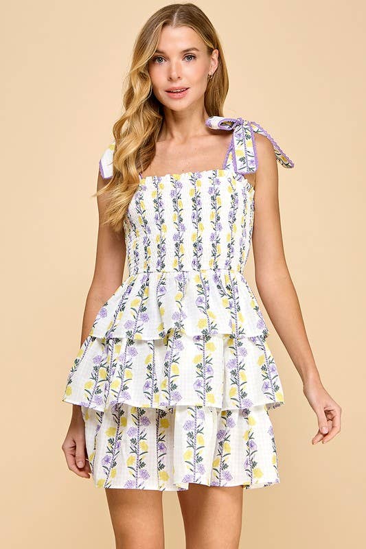 Floral Striped Smocked Tiered Skirt Dress