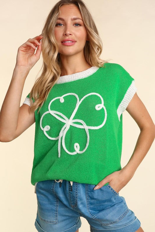 Clover Embroidery Dolman Sweater Knit Top