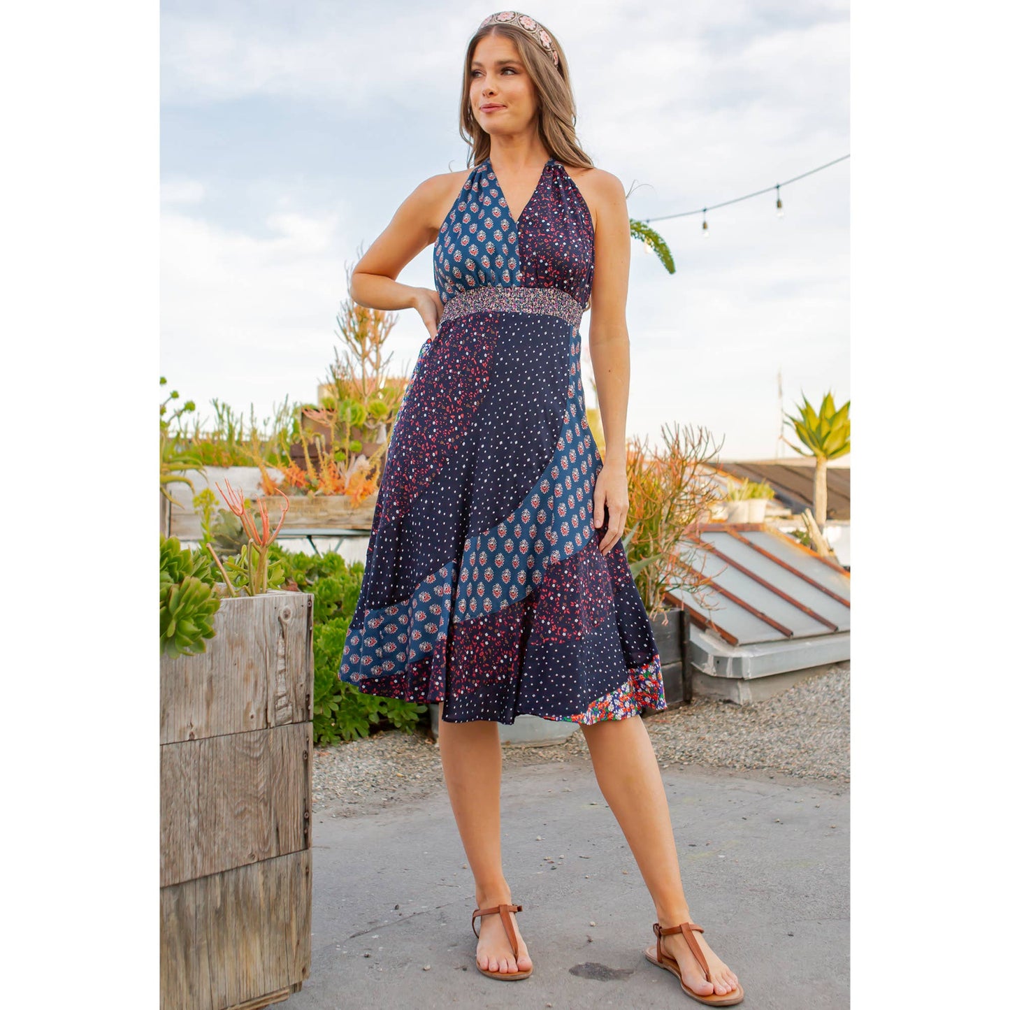 Halter Neck Babydoll Dress Patchwork - Final Sale