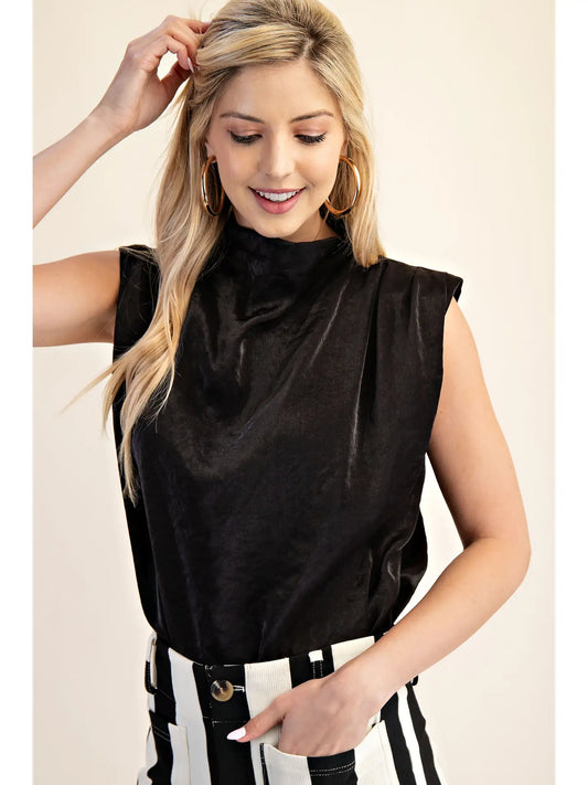 Black Cowl Neck Pleated Sleeveless Top