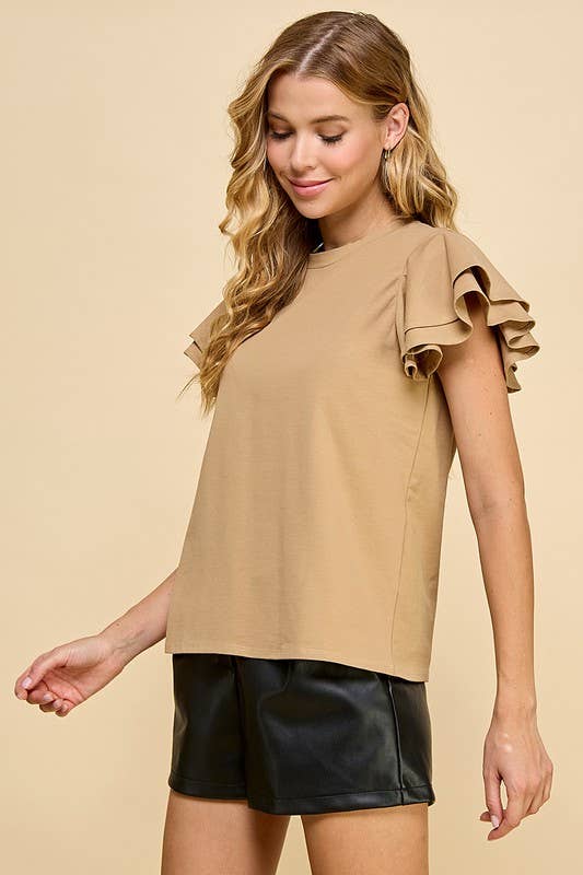 CT8734-Ruffle Sleeve Top: MOCHA / L