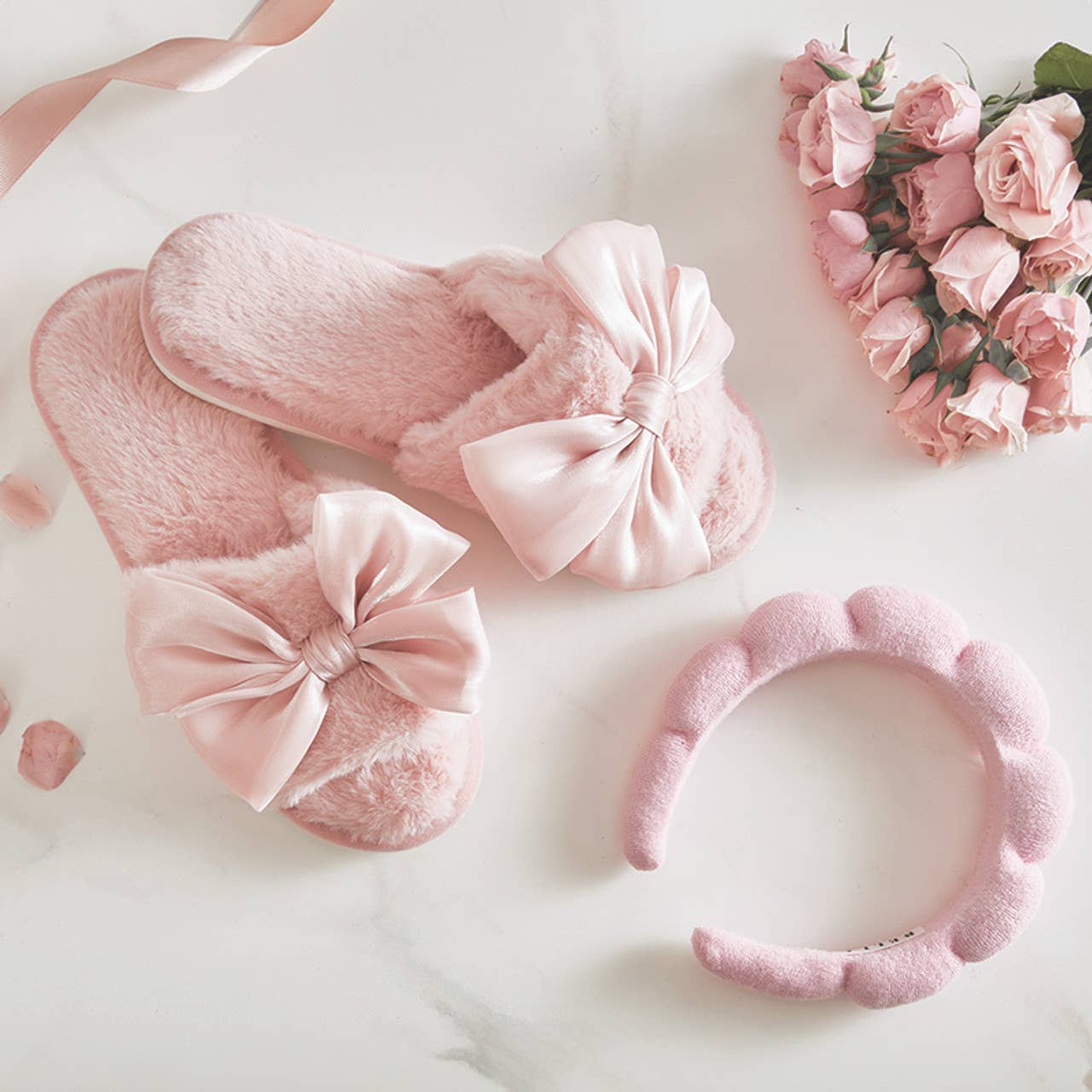 Plush Slippers - Light Blush Bow