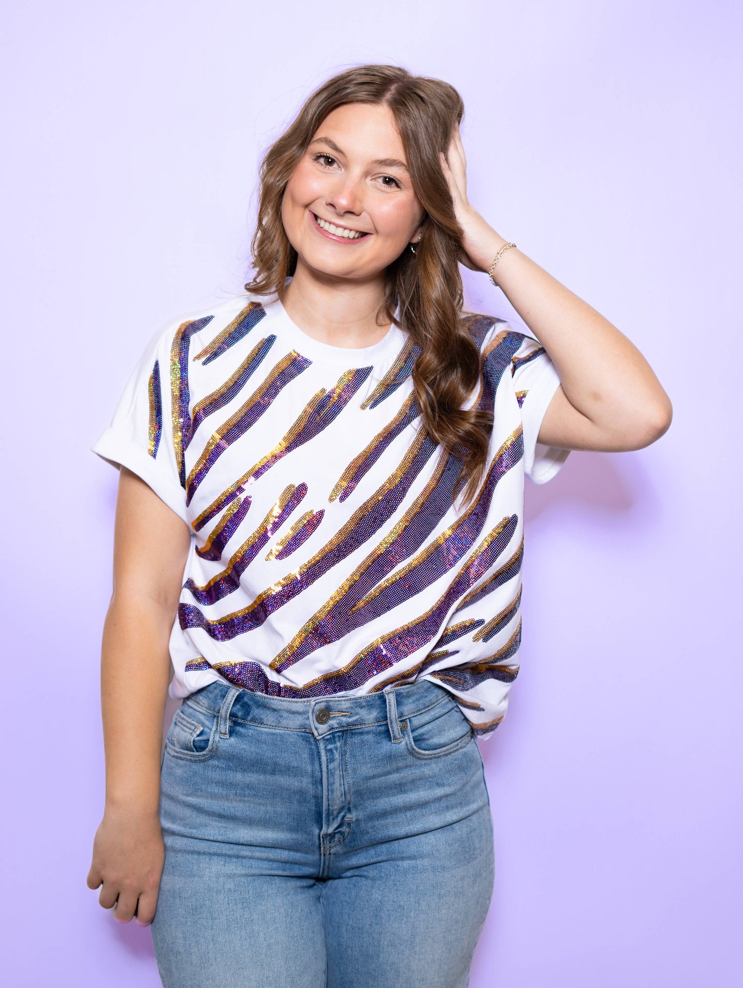 Purple & Gold Tiger Stripe  | Women's Sequin Design Tee