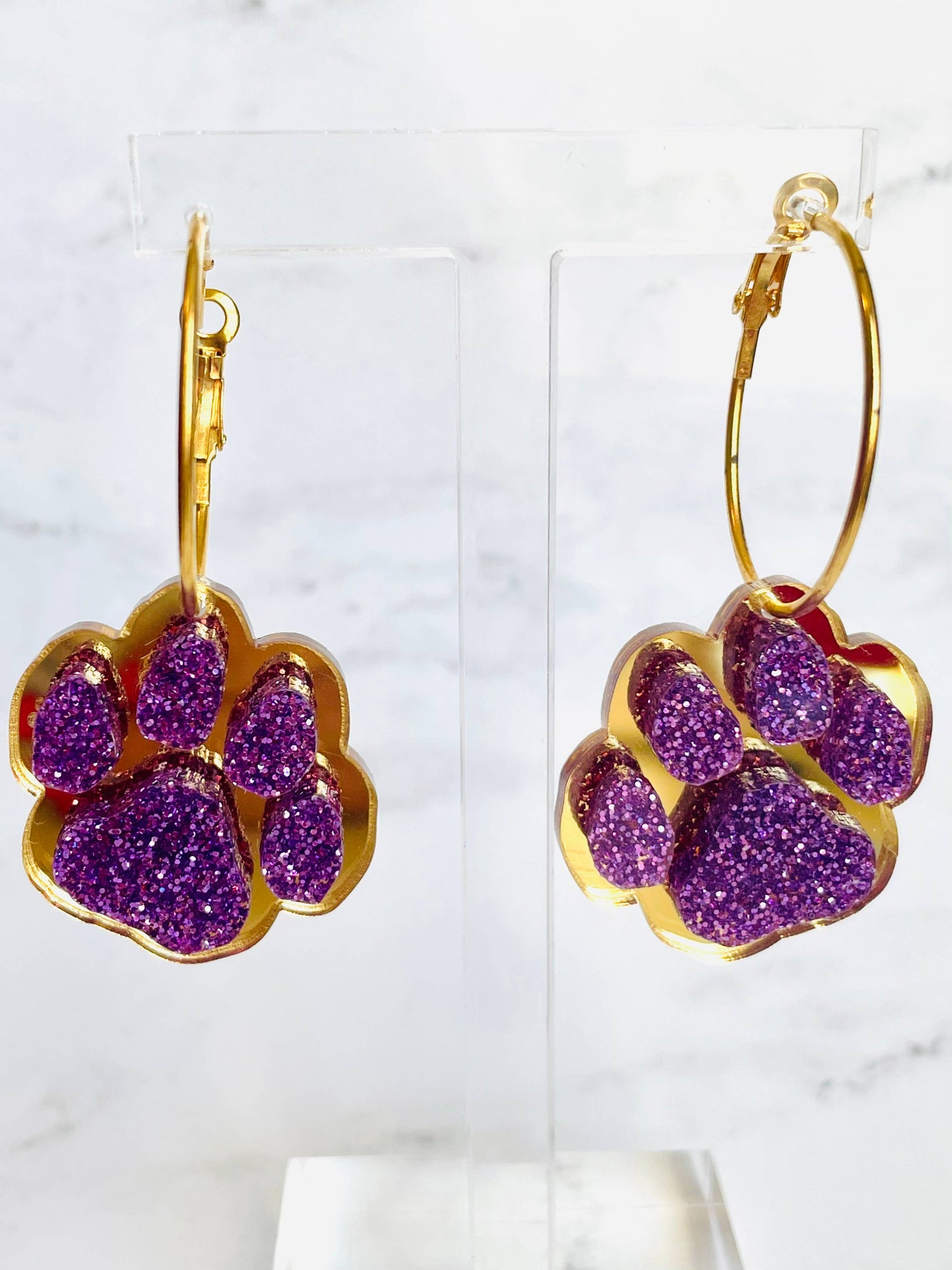 Purple & Gold Football Sports Paw Hoop Earrings