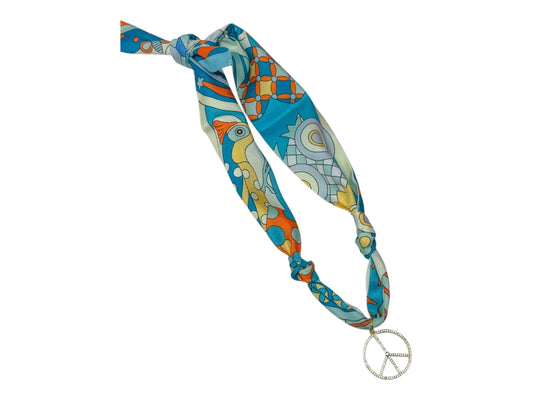 Scarf Charm Necklace - Blue Retro with Rhinestone Peace Sign