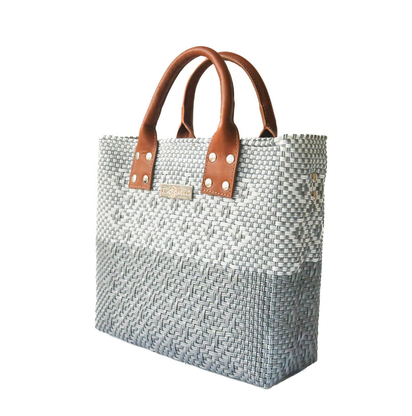 Gray Large Woven Crossbody Bag - Tan Leather