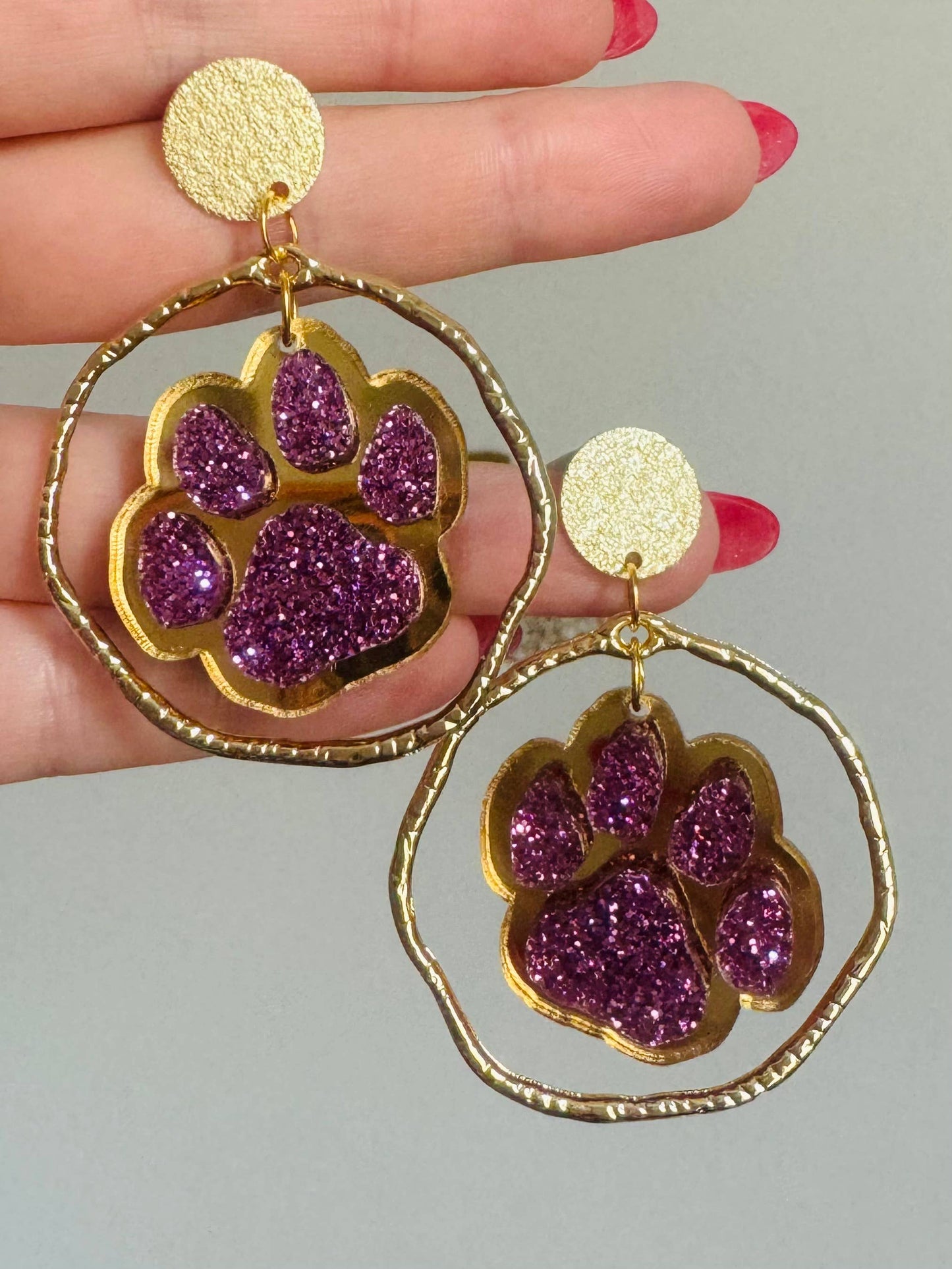 Purple & Gold Football Sports Paw Earrings