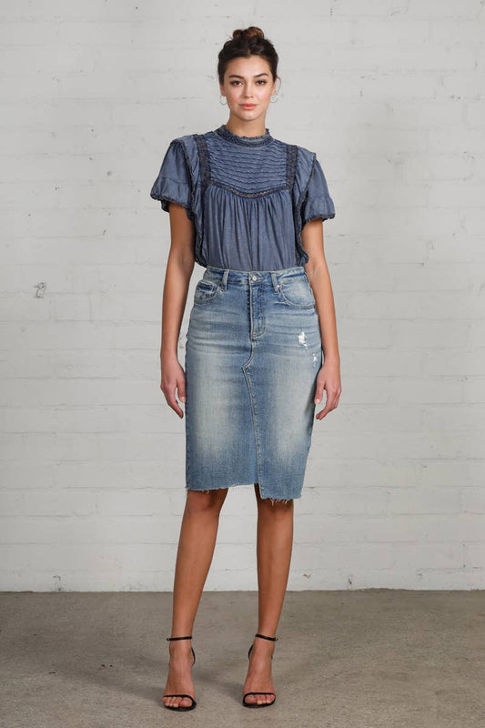 High Rise Stretch Raw Hem Knee Length Denim Skirt