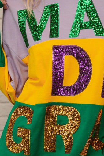 SEQUIN MARDI GRAS LETTERING COLOR BLOCK SWEATSHIRT