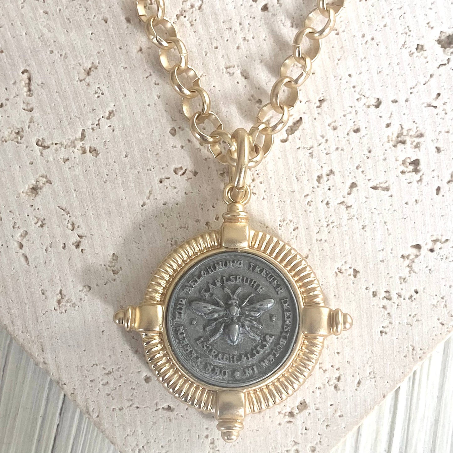 Bee necklace coin jewelry French matte gold boutique