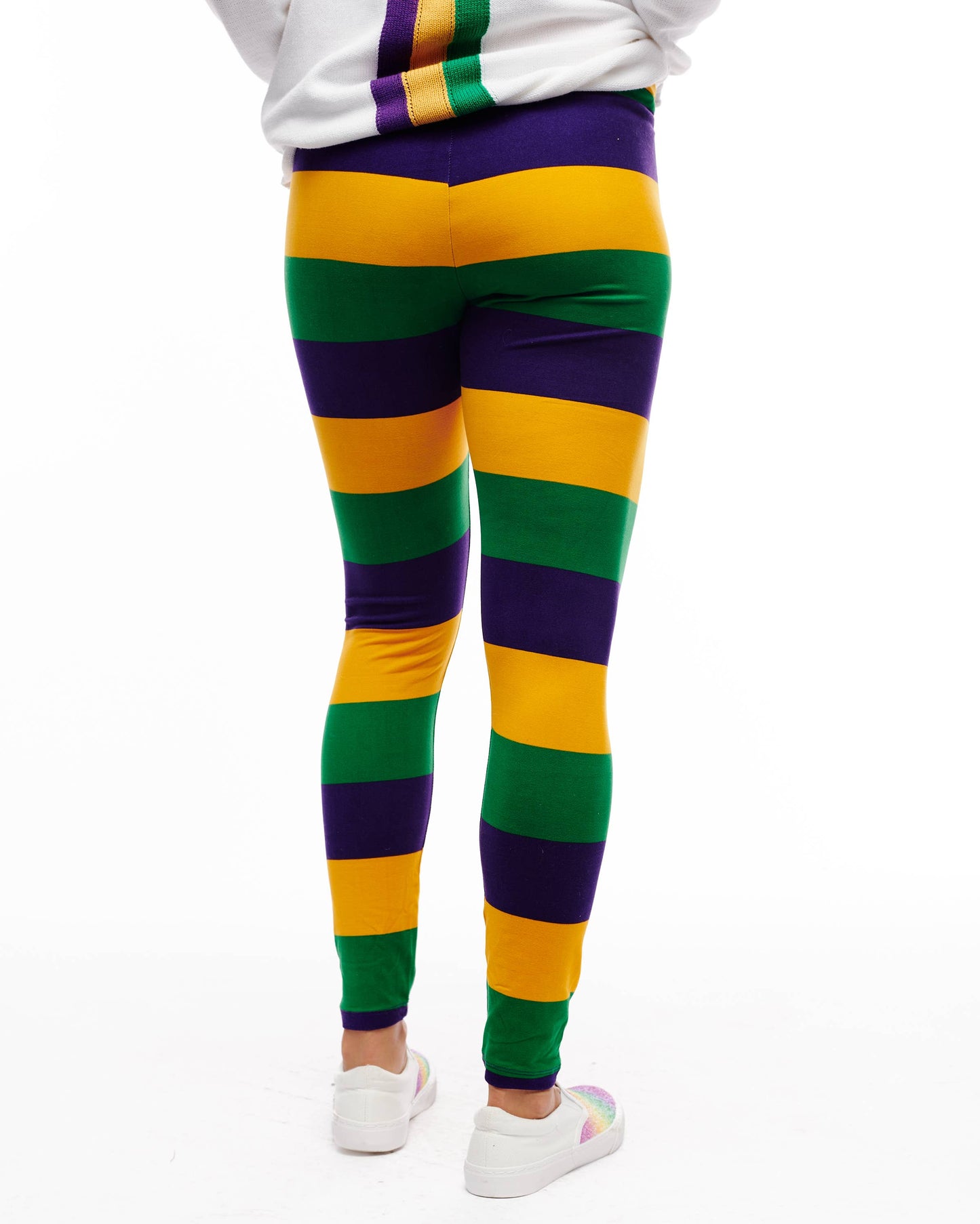 Traditional Mardi Gras striped leggings ADULT