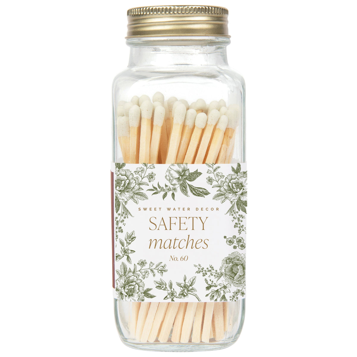 Glass jar of green Delft white tip safety matches, front view