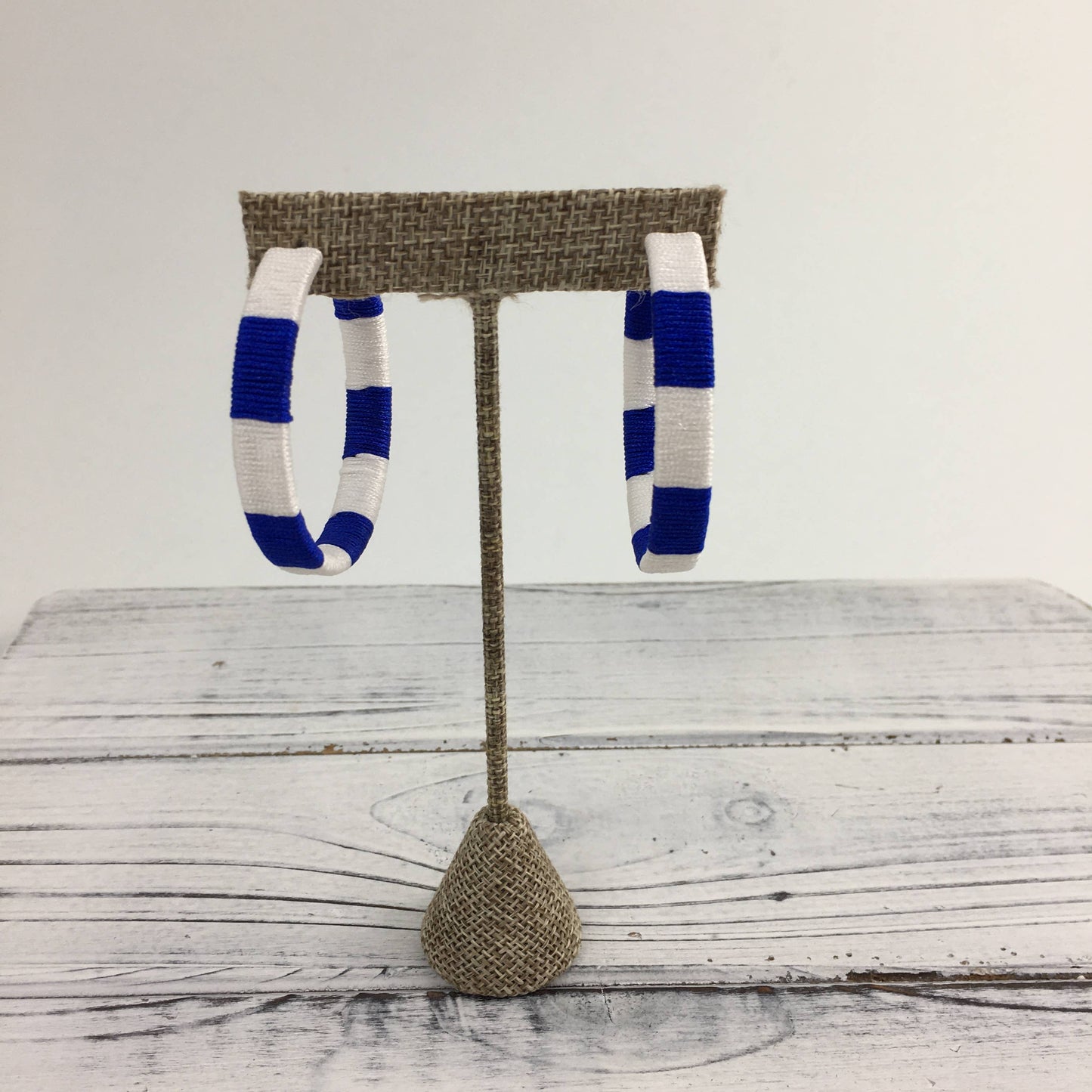 Blue and white threaded hoop earrings