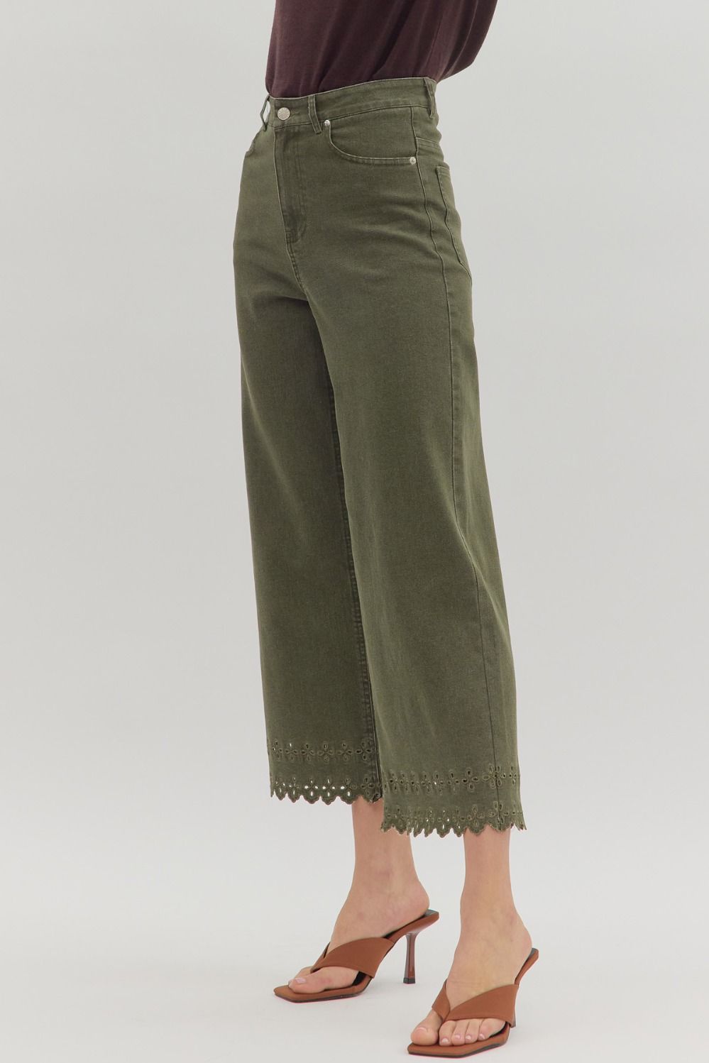 Olive Ankle Pants with Embroidered Hem