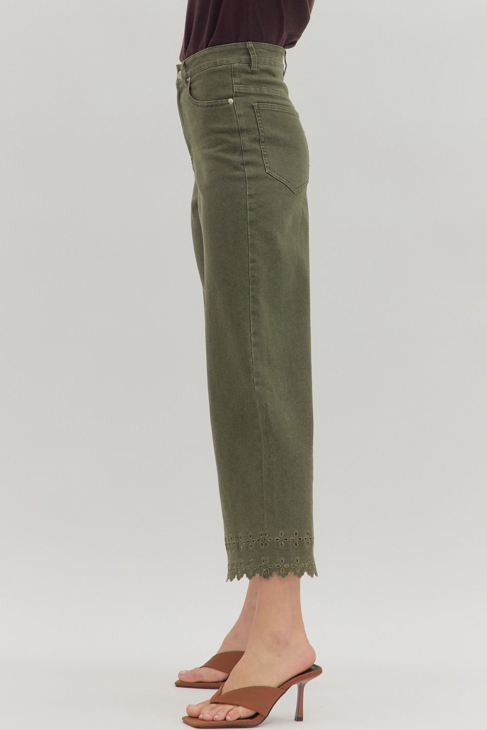 Olive Ankle Pants with Embroidered Hem