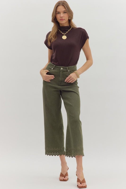 Olive Ankle Pants with  Embroidered Hem