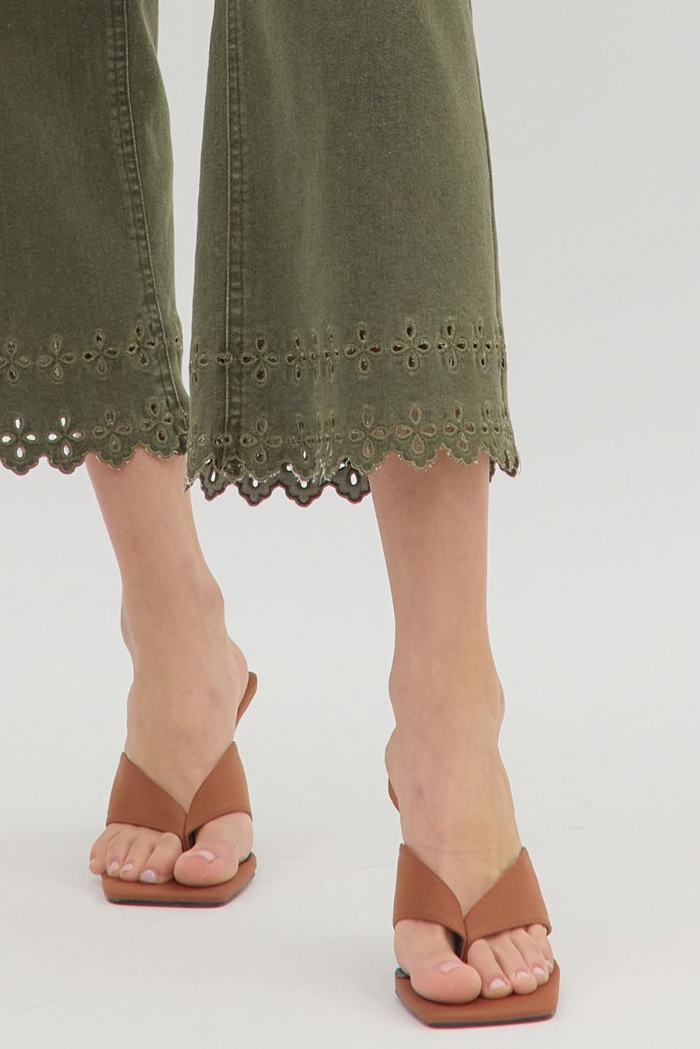 Olive Ankle Pants with Embroidered Hem