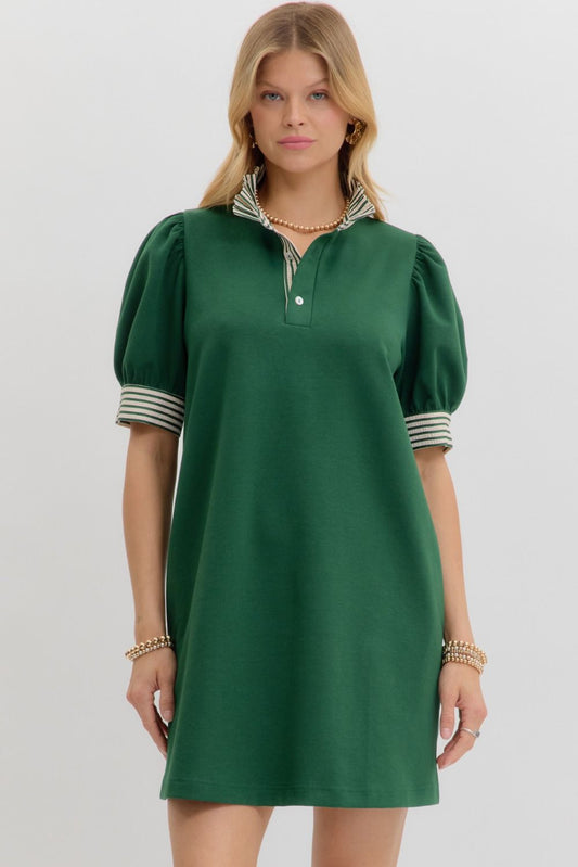 Hunter Green Polo Dress w Ruffle neck