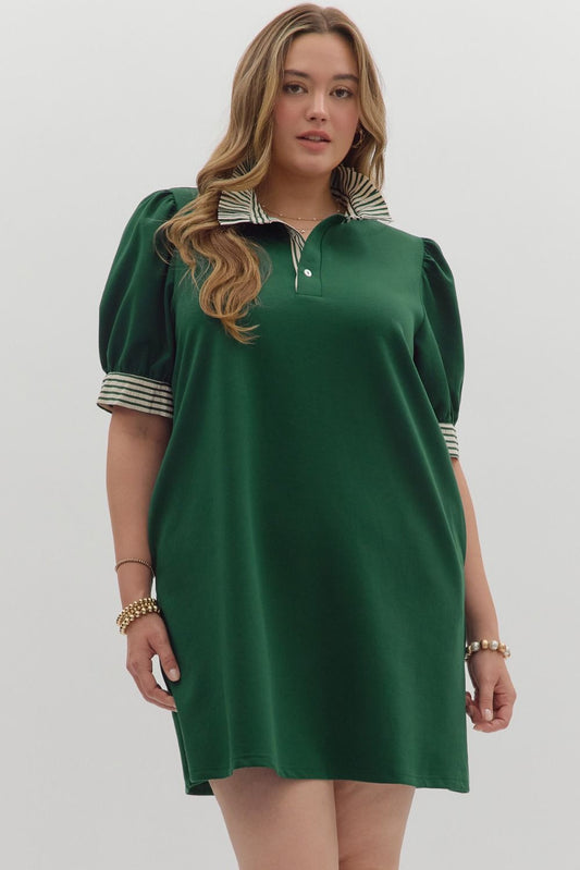 Hunter Green Pullover Polo Dress with Ruffle neck -Curvy Collection