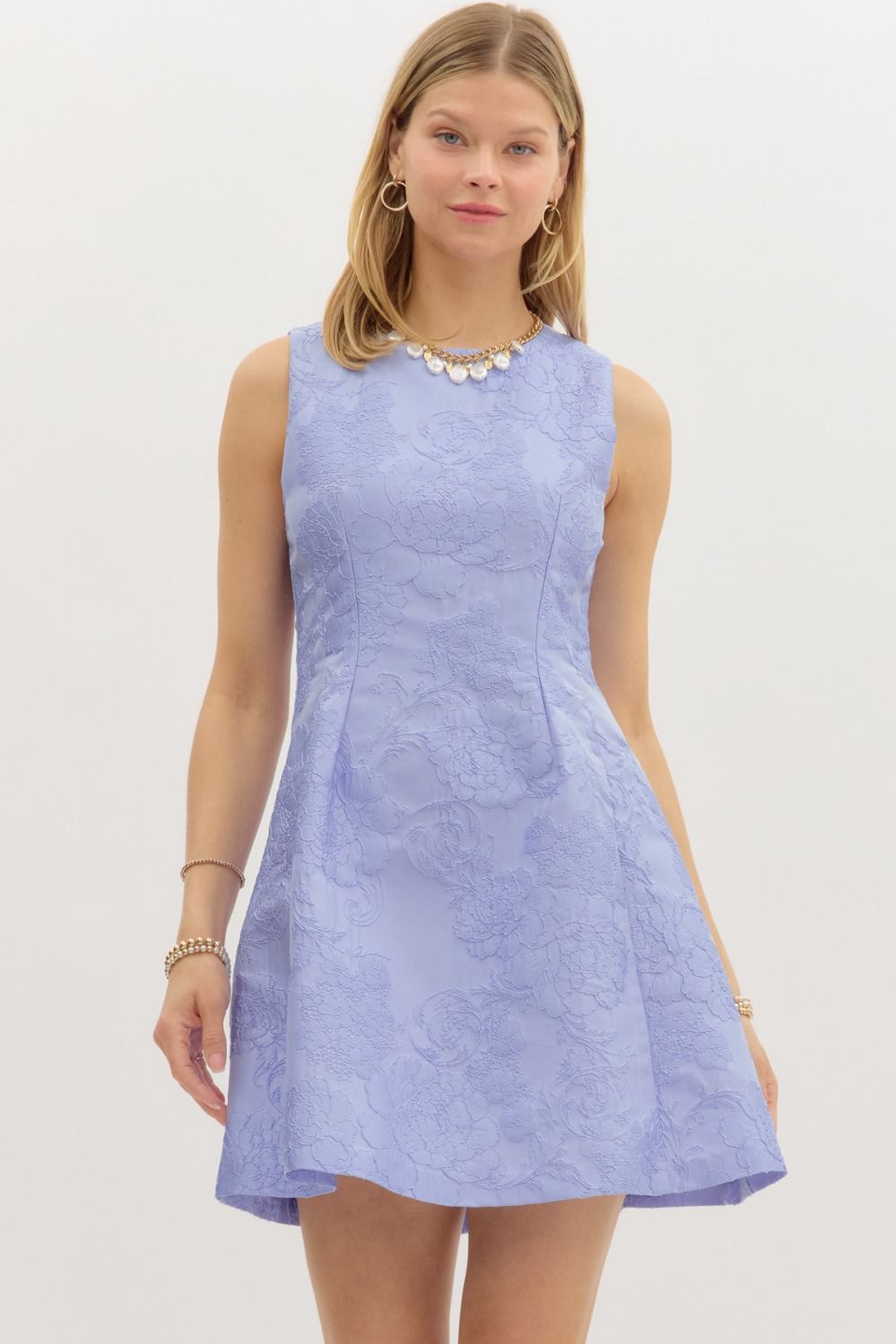 Blue Floral Jacquard Sleeveless Mini Dress