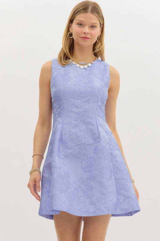 Blue Floral Jacquard Sleeveless Mini Dress