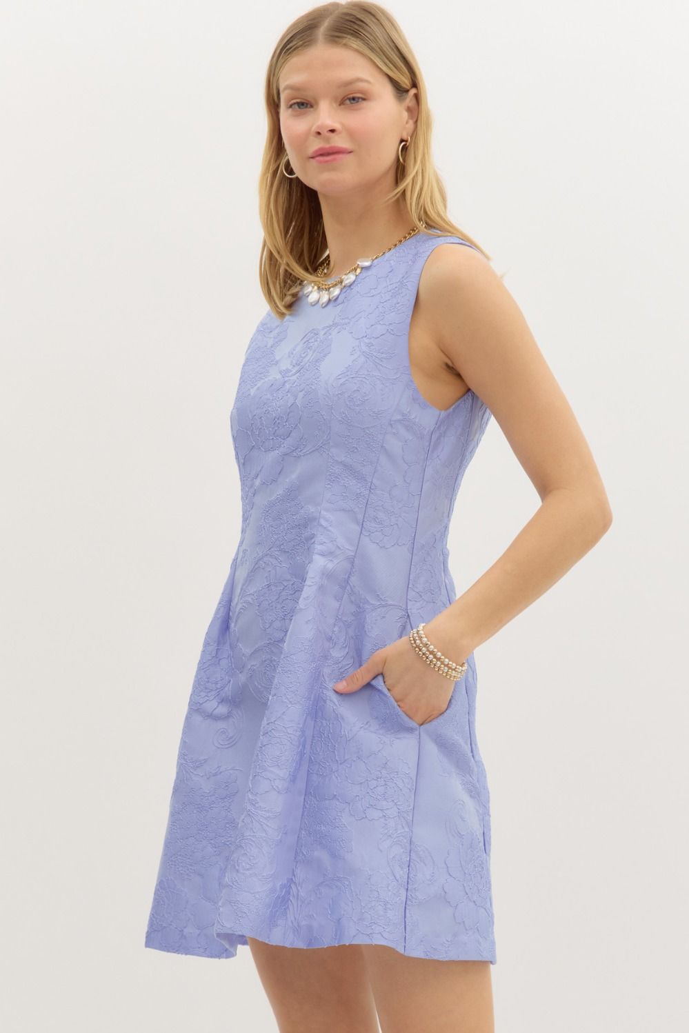 Blue Floral Jacquard Sleeveless Mini Dress