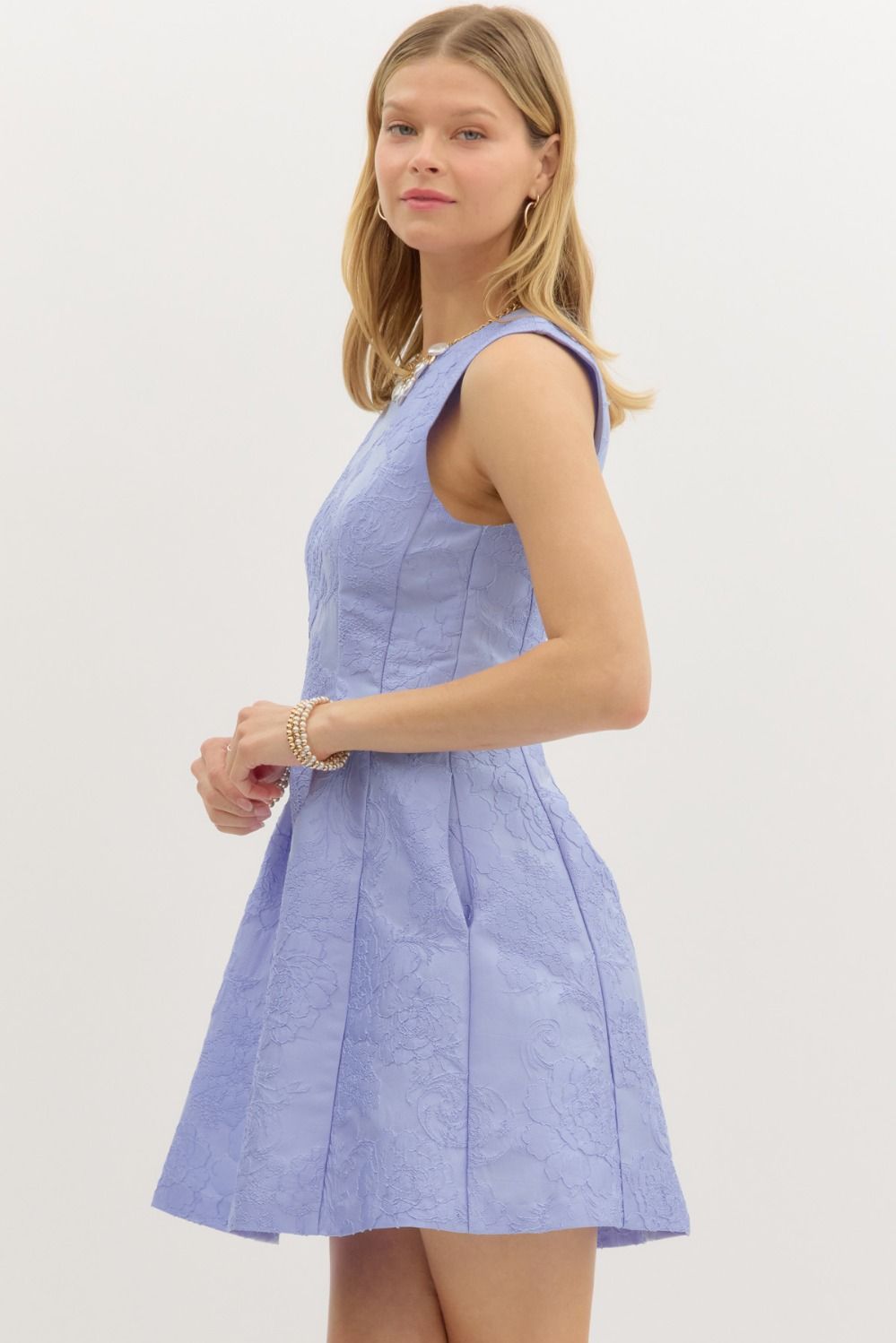 Blue Floral Jacquard Sleeveless Mini Dress