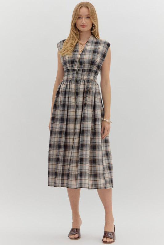 Plaid Midi Zip Front Dress