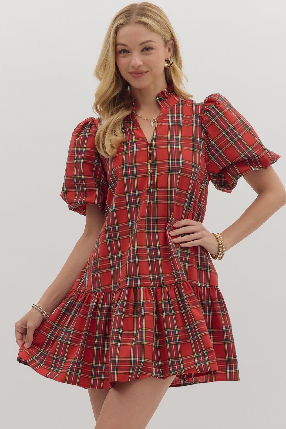 Red Plaid Bubble Sleeve Ruffly hem dress