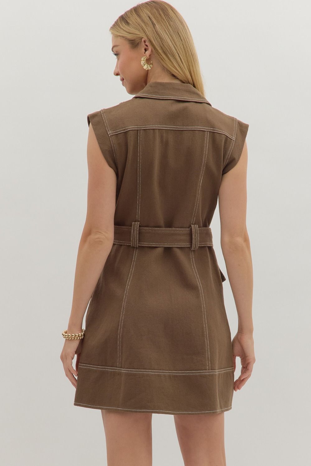 Brown Sleeveless Lapel Belted Mini Dress