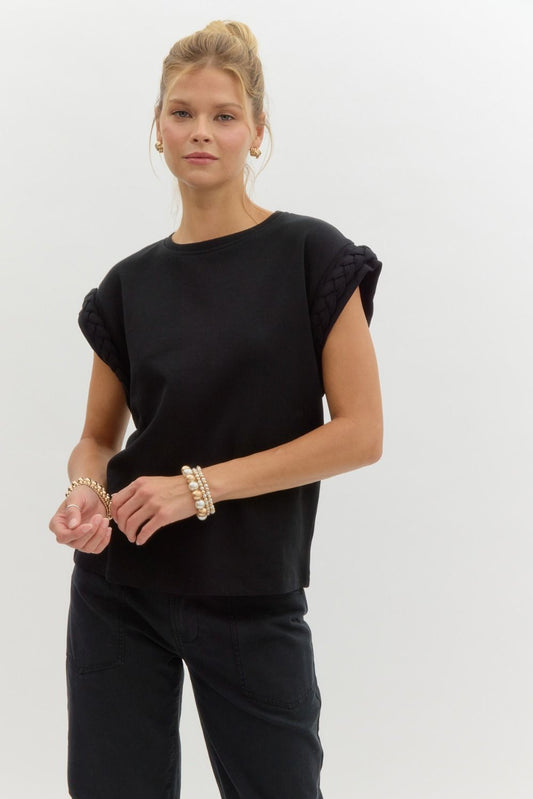 Black Solid Round Neck Cap Sleeve Top