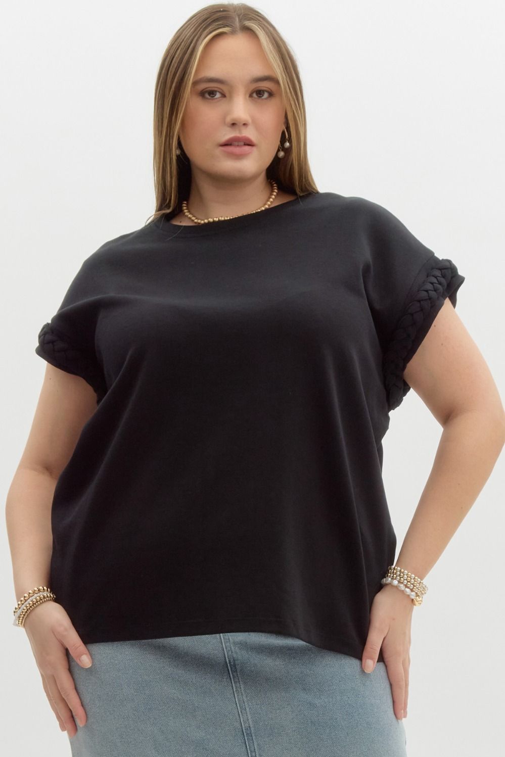 Black Solid Round Neck Cap Sleeve Top