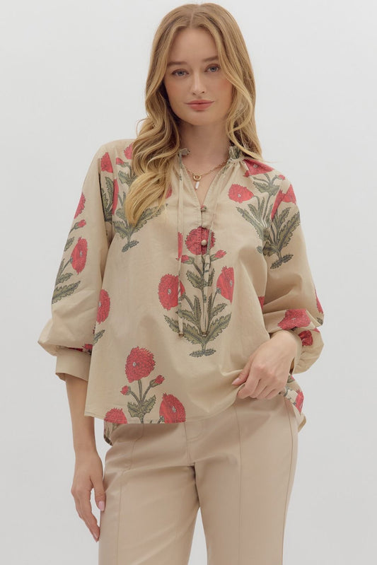 3/4 sleeve cuff floral pullover