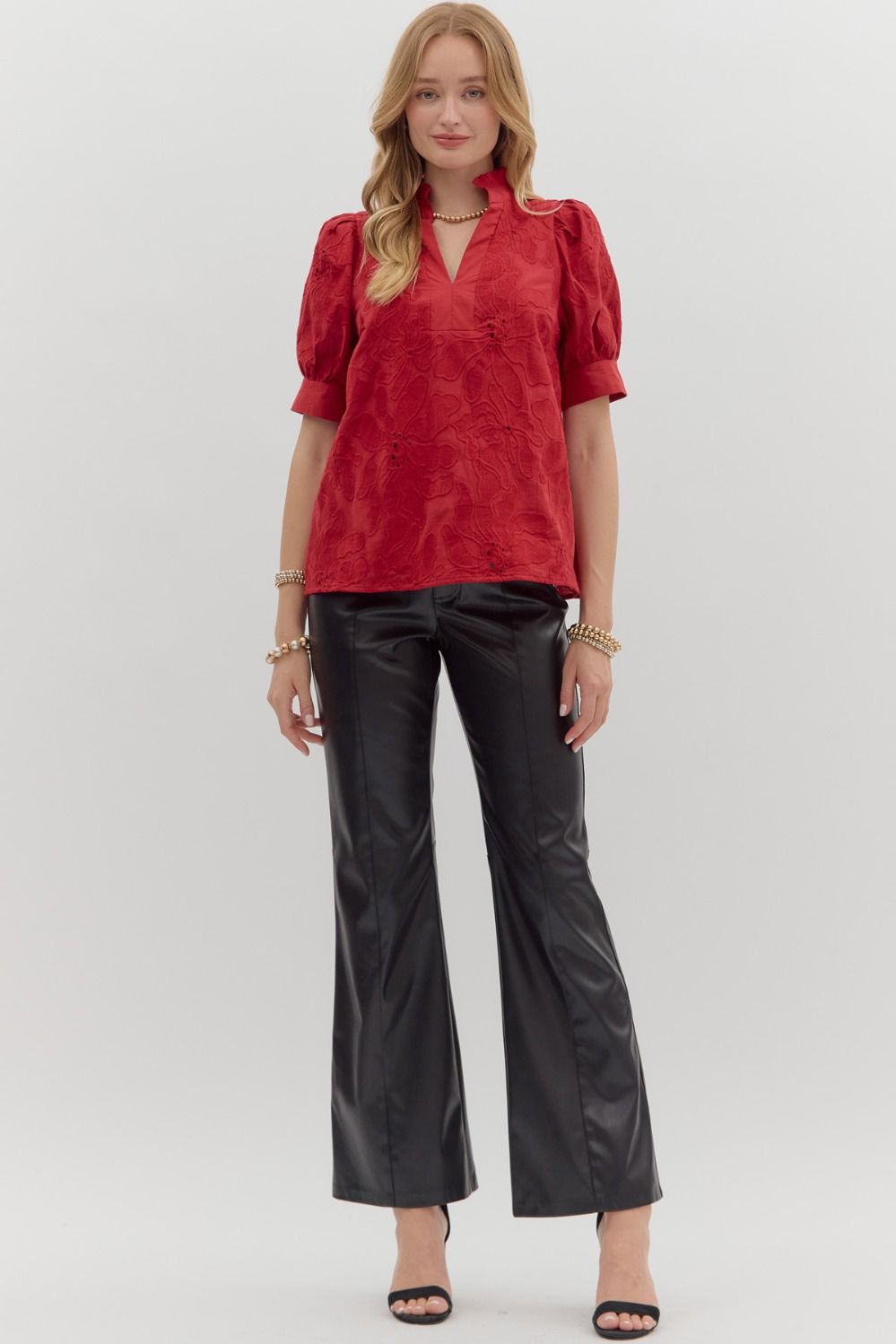 Red Floral Embroidered short Puff Sleeve Top