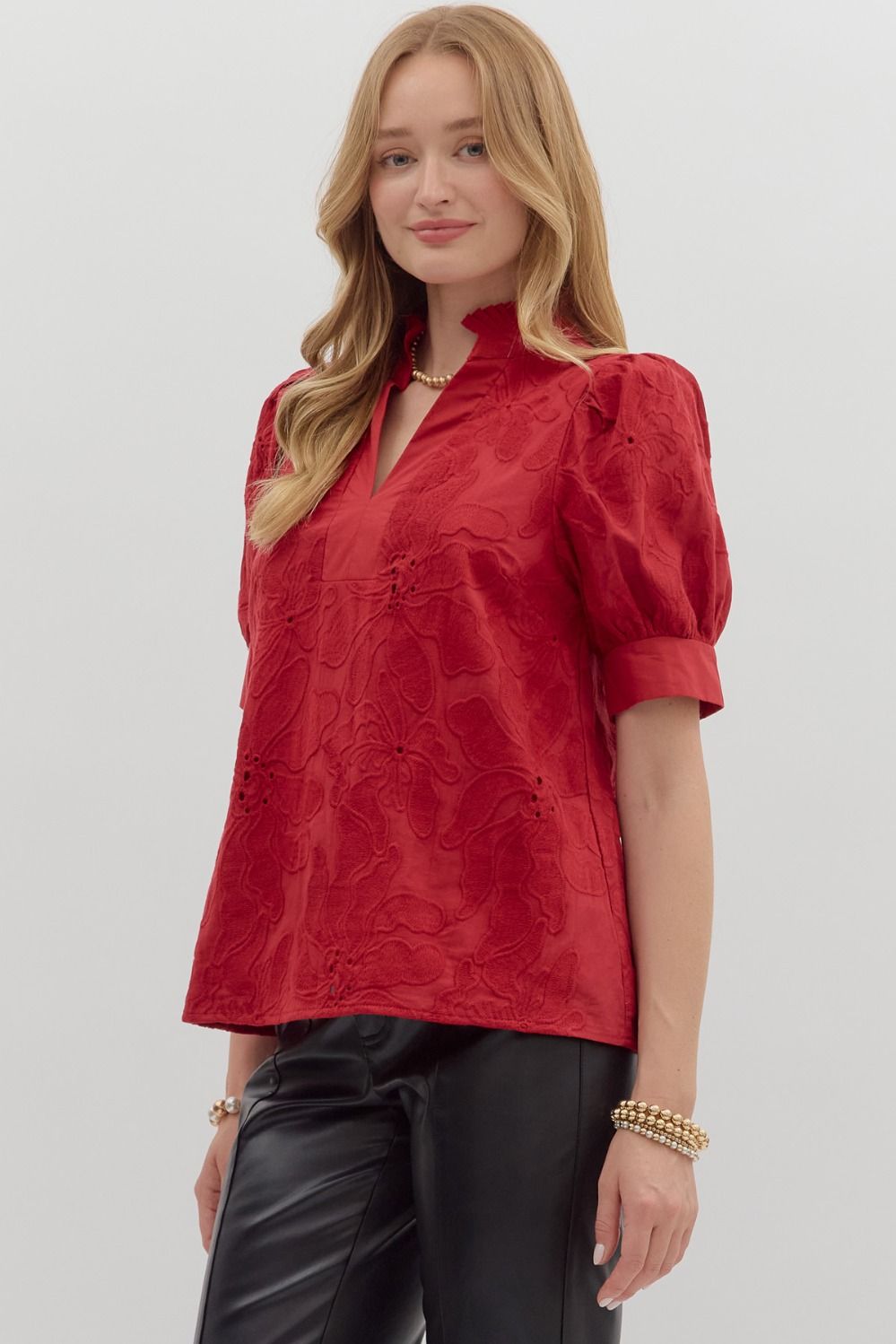 Red Floral Embroidered short Puff Sleeve Top