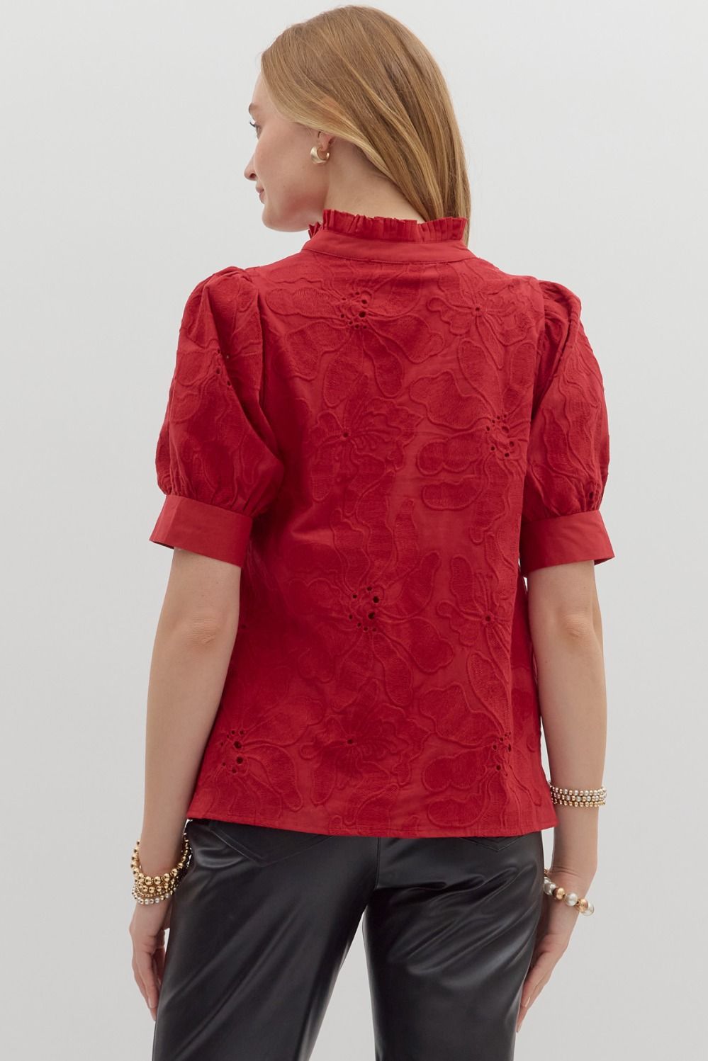 Red Floral Embroidered short Puff Sleeve Top