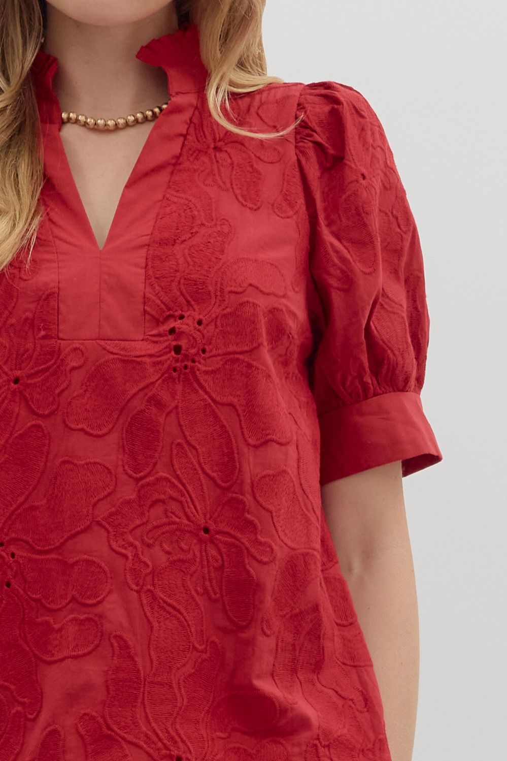 Red Floral Embroidered short Puff Sleeve Top