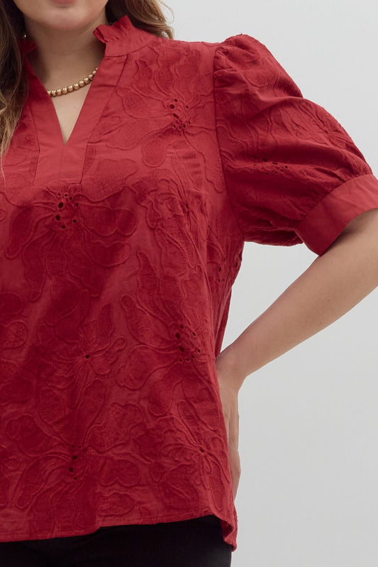 Red Floral Embroidered short Puff Sleeve Top - The Curvy Collection
