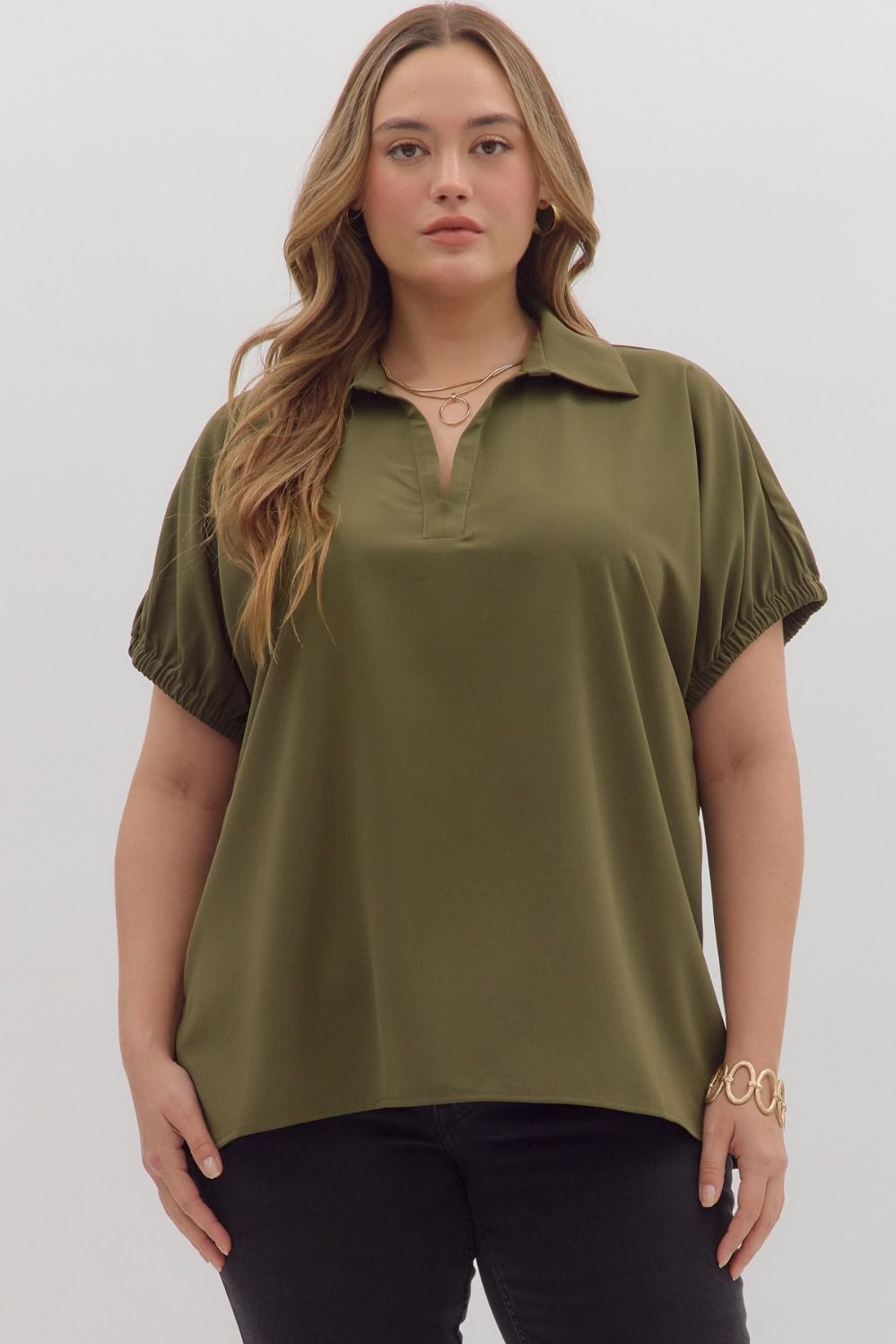 Olive Short Sleeve Split Collar Top - Curvy
