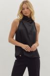 Black Satiny Sleeveless Mock Neck Top