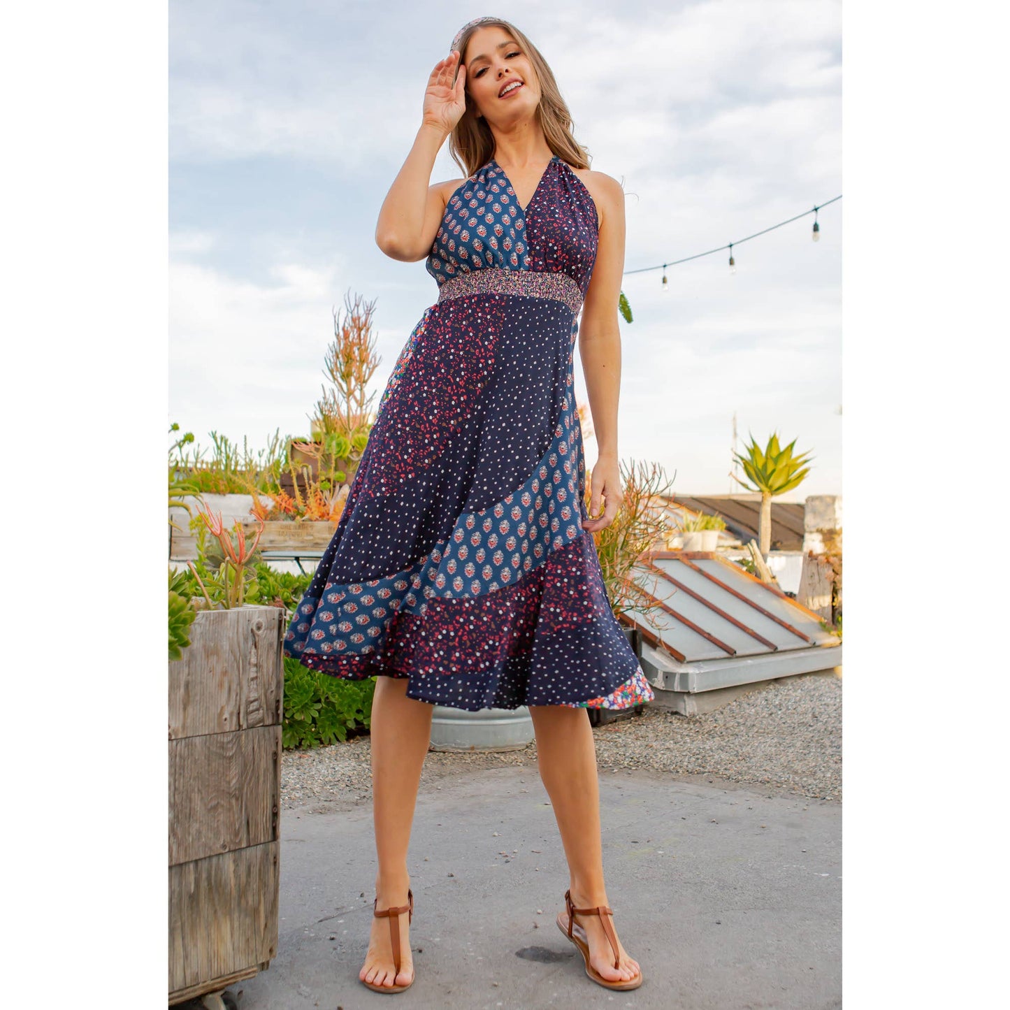 Halter Neck Babydoll Dress Patchwork - Final Sale