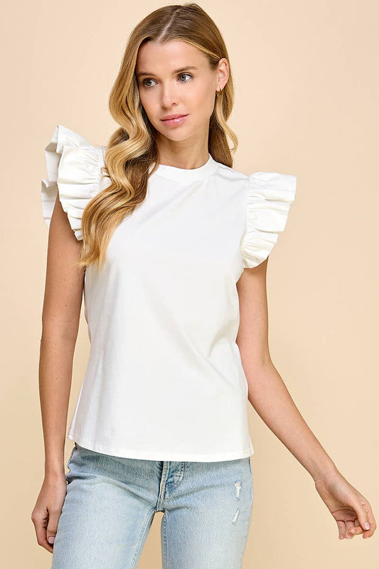 Ruffle Sleeve Poplin Top White