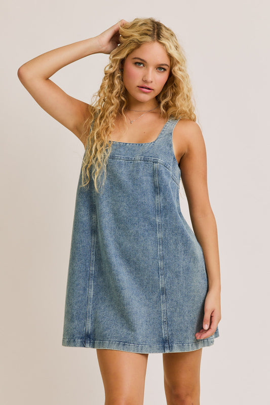 Sleeves Square Neck Denim Mini Dress