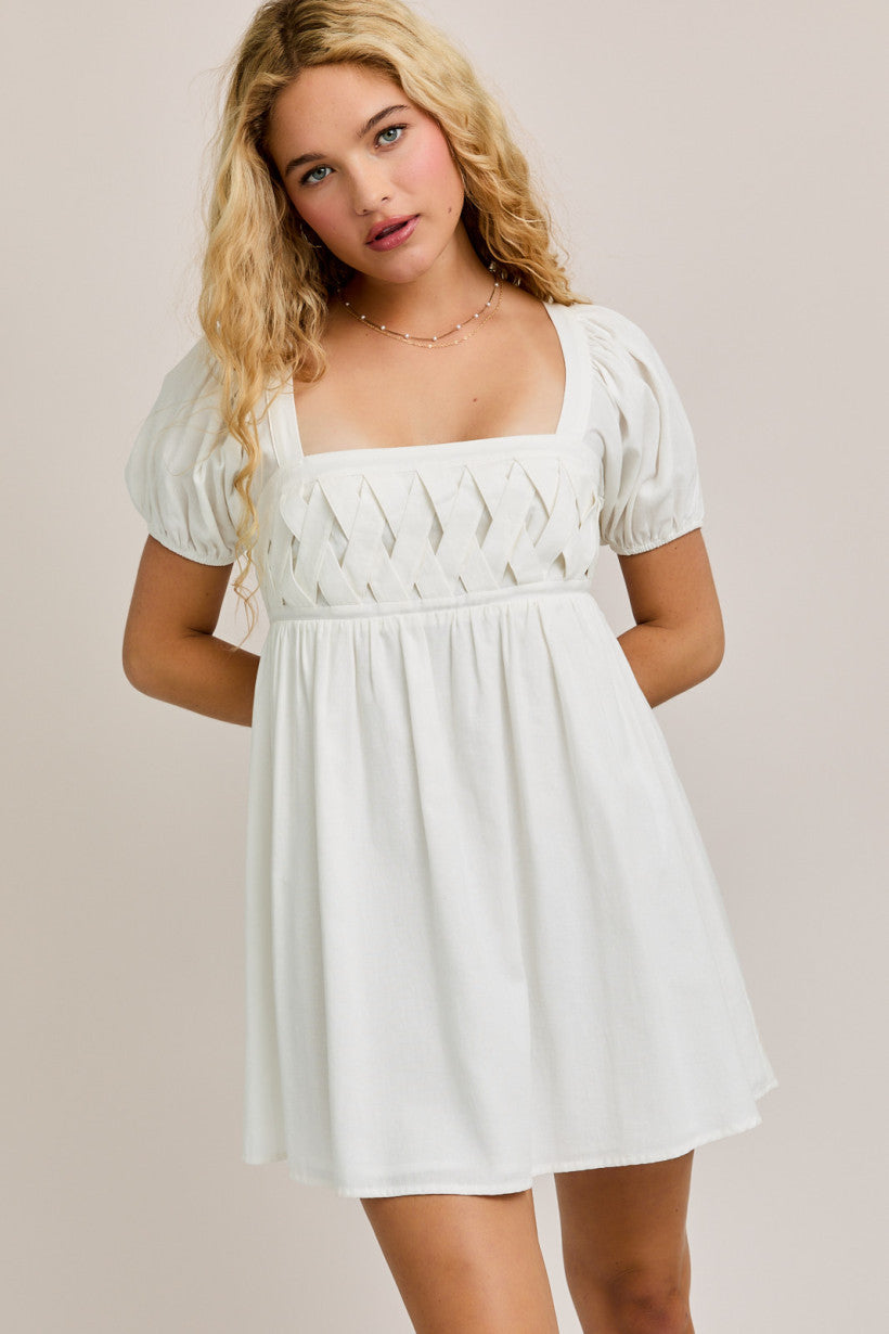 White S/S PUFF SQUARE NECK DETAIL MINI DRESS
