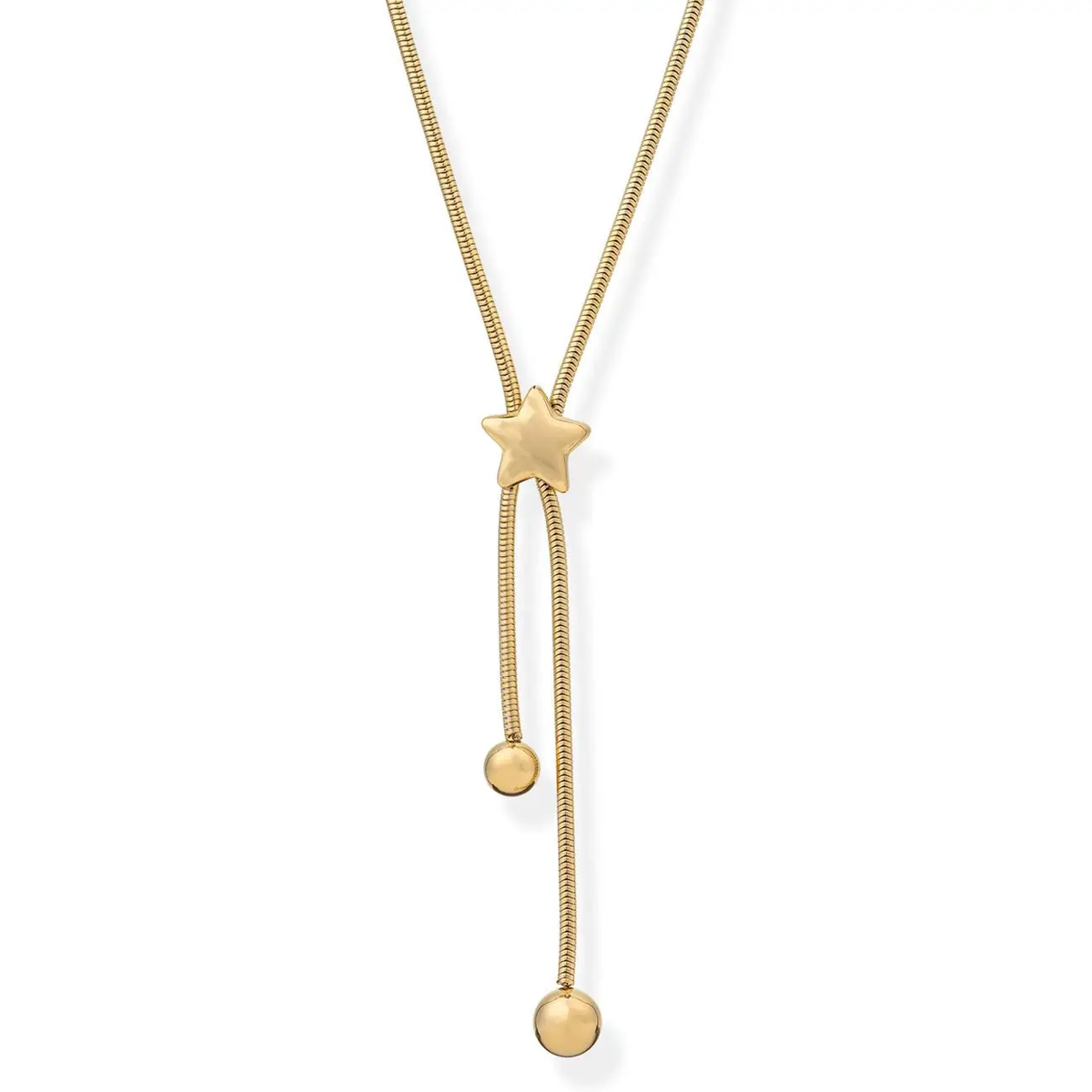 Gold necklace with star and round pendants on a white background