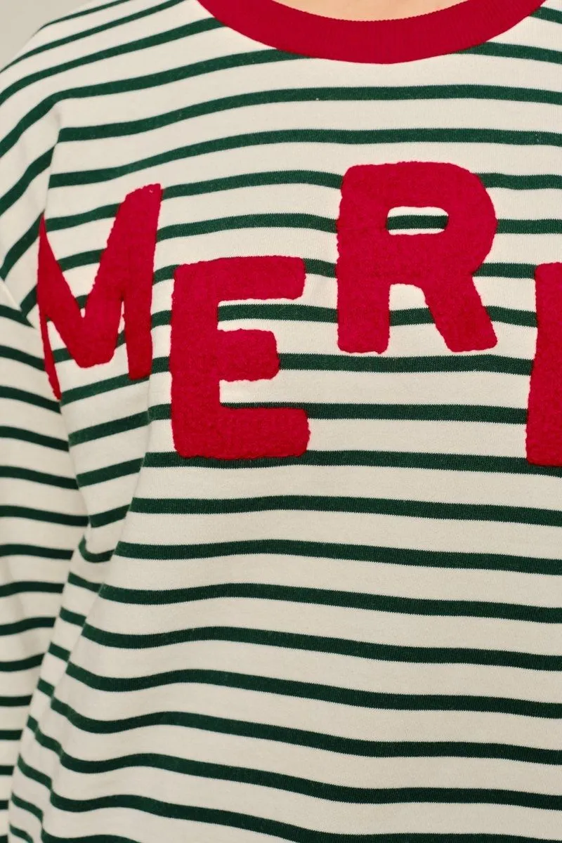 Close-up of the red boucle MERRY lettering on the striped knit